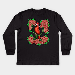 Red Cardinal in rose flowers Christmas Kids Long Sleeve T-Shirt